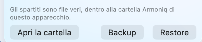 I pulsanti Apri la cartella, Backup e Restore in fondo all'archivio